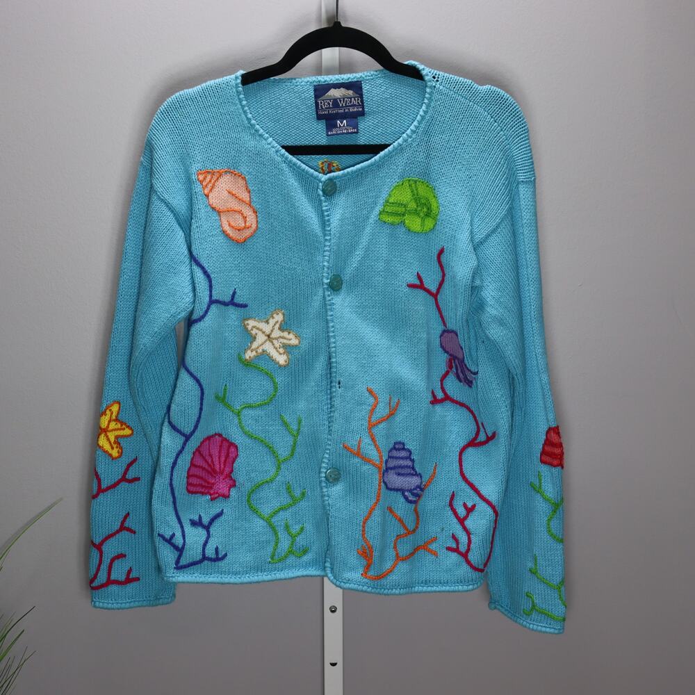 Rey Wear Hand Knit Bolivia Cardigan‎ M Ocean Theme Cotton Sweater